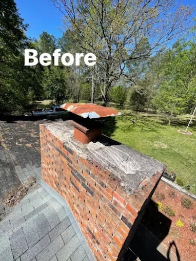 Weathered brick chimney before rebuild